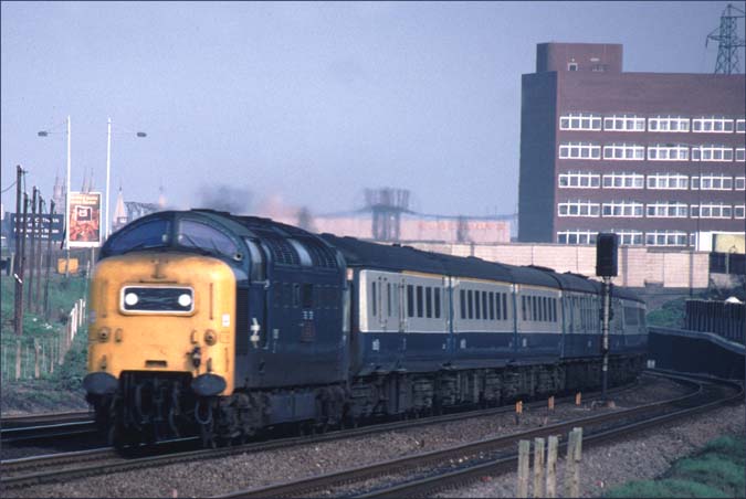 Class 55 Deltic at Fletton in the late 1970s on a up train to London
