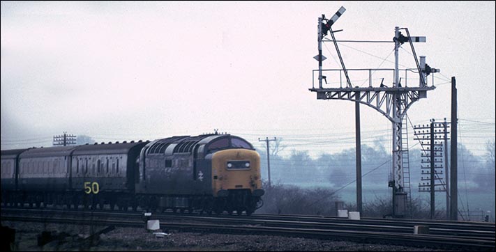 A class 55 Deltic at Sandy near one of the signals that Sandy box worked
