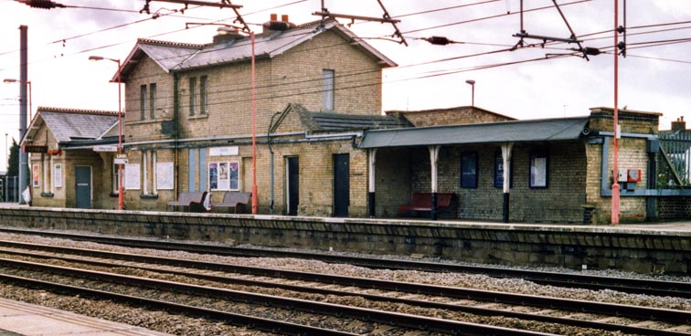 Sandy station building from the up platform