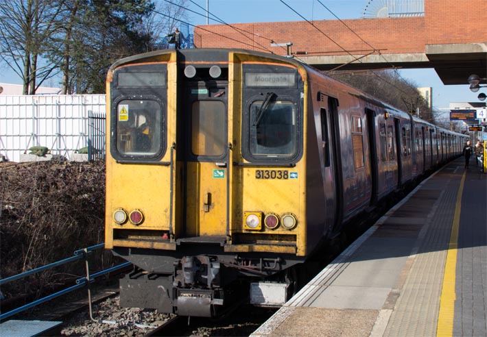 Class 313038 in Stevenage station on the 21st of Febuary 2019