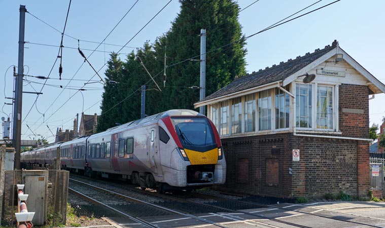 Greater Anglia train to Nowich with 12 carriage electric train, built by Swiss company Stadler