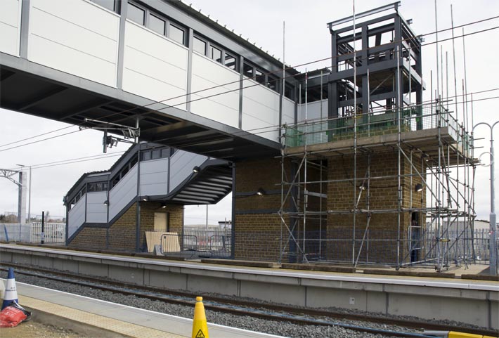 foot bridge at at Wellingborough station which is now open but the lift on the far side was still being built 