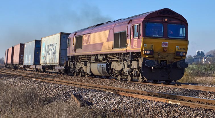 DB class 66200 at the Alial Road Road occupation crossing Whittlesea on 14th January 2022