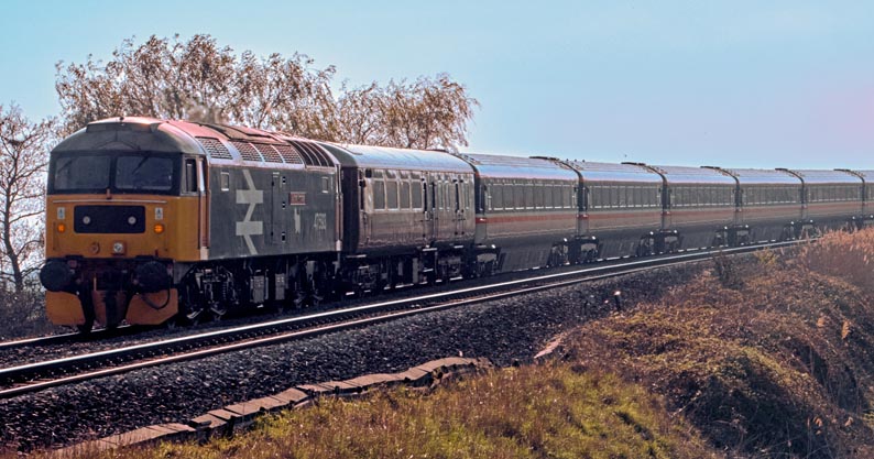 Class 47593 in BR blue with large arrows was on the rear of the train 