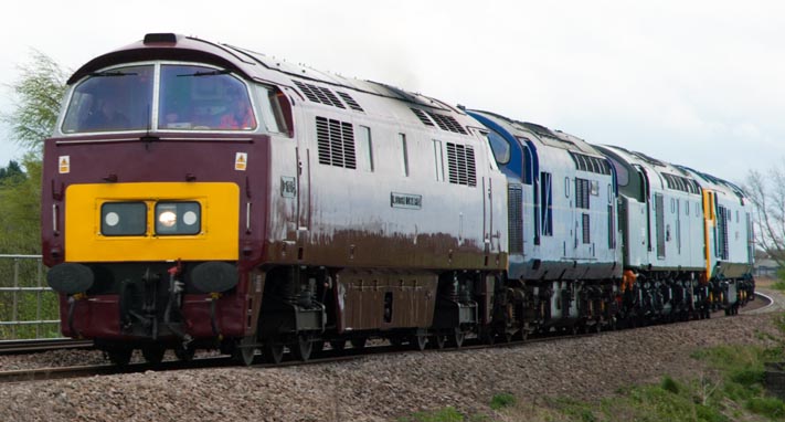 A convor of four Heritage diesels at Whittlesea on the 8th April 2014.