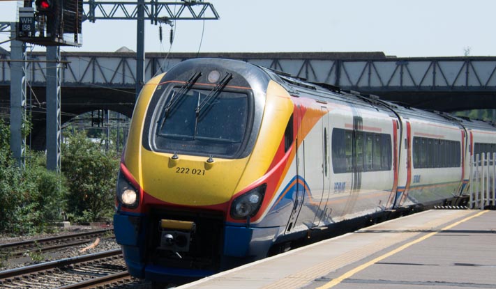 East Midland Trains class 222 021 coming into Bedford station 