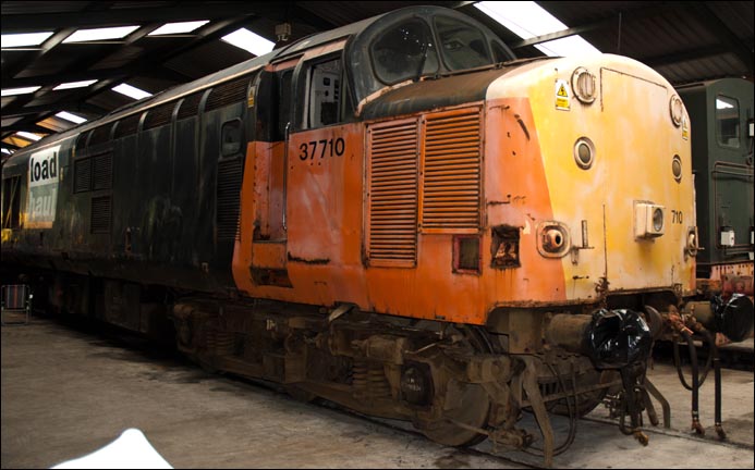 class 37710 in Load haul colours in the shed at Carnforth Class 37710 in Load haul colours in the shed at Carnforth