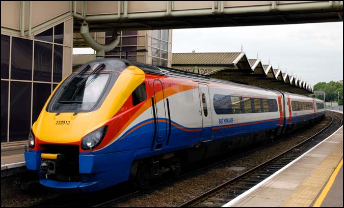 East Midlands Trains Class 222 013 on the up service to London East Midlands Trains Class 222 015 at Kettering on a Corby London train