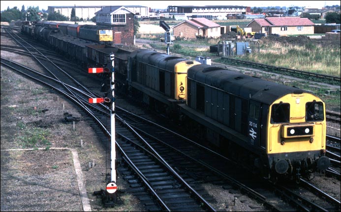 A pair of class 20s with 20174 leading on a mixed freight at Whitemoor