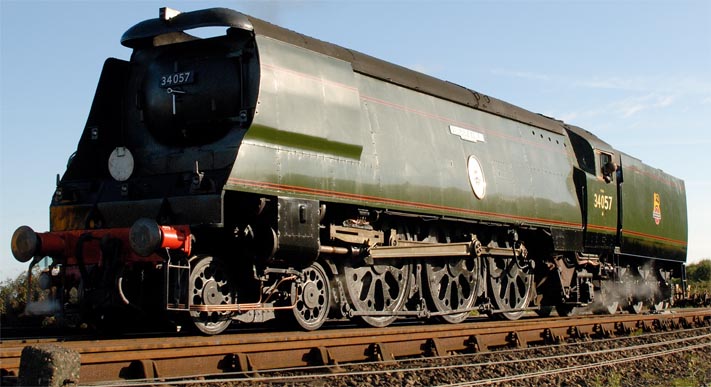 34057 Biggin Hill (34081 92 Sqadron) coming off shed at Weybourne 