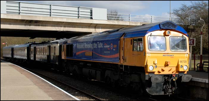 GBRf class 66720 comes into Orton Mere Station on Saturday 6th March 2010 