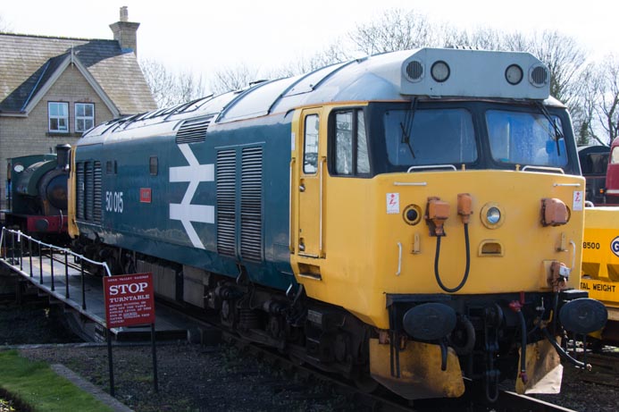 Class 50 015 Valiant on the turntable at the  Nene Valley Railway at  Wansford 