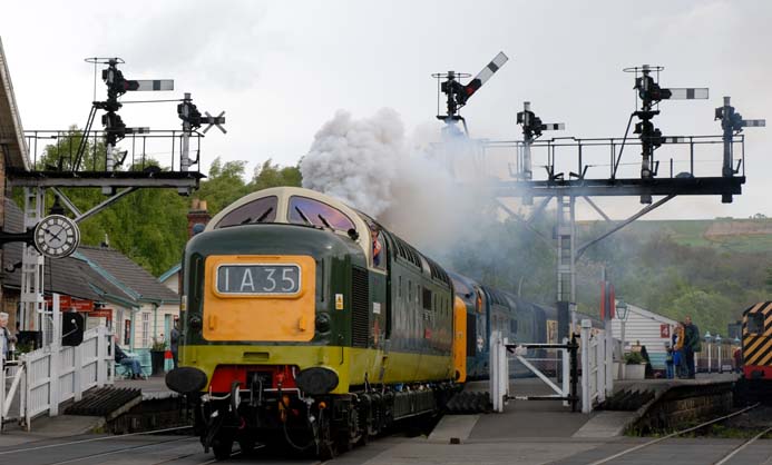 Two Deltics 9009 Alycidon and Class 55 Royal Highland Fusilier leave Grosmont with a train to Pickering on the North Yorkshire Moors Railway in 2007