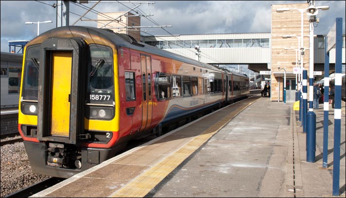 East Midland Trains class 158 in platform 5 on the 21st of February in 2014