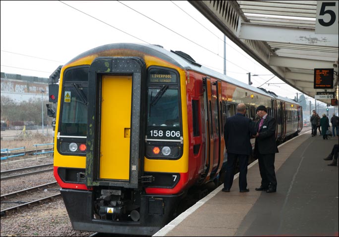A East Midlands Class 158 in platform 5 on the 3rd of March 2012 on a train to Liverpool