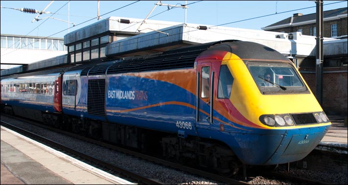 East Midlands HST 43066 on hire to East Coast coming into platform 2 at Peterborough on the 30th of Spetember 2010