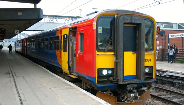 East Midlands Trains class 153381 in platform 2 at Peterborough 5th of March 2010