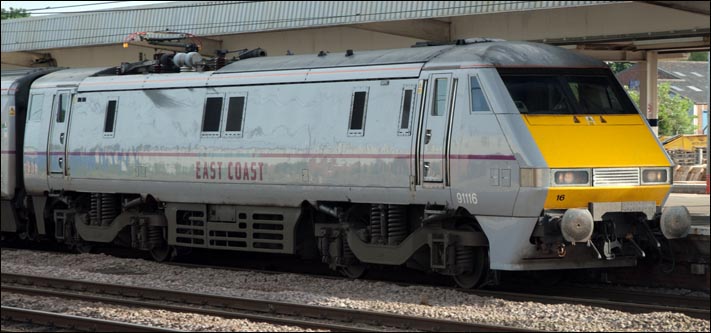 East Coast class 91116 into platform 4 at Peterborough 17th June 2013