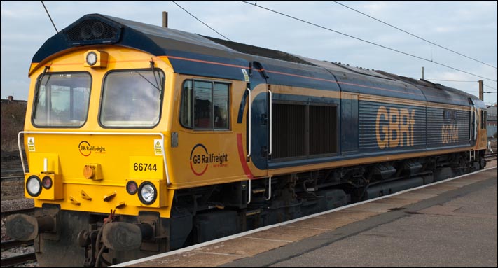 GBRf class 66744 in platform 5 at Peterborough on the 10th of December 2012.