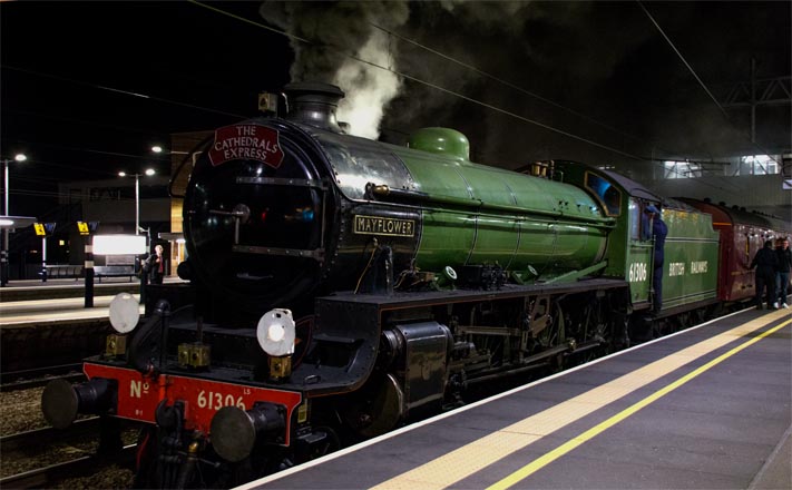 B1 Mayflower in early British Railways green in platform 3 at Peterborough 