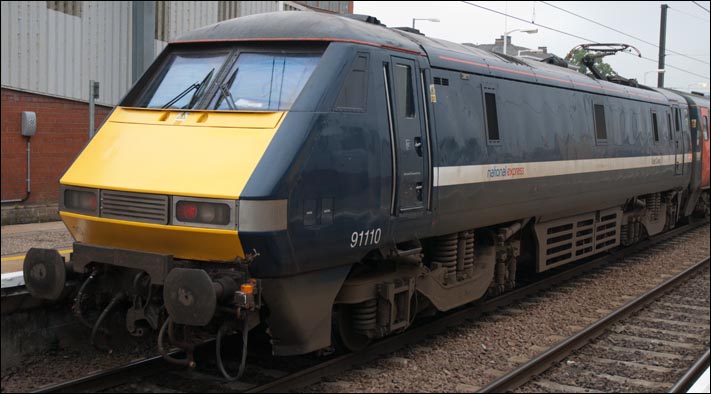 National Express East Coast (NXEC) class 91110 in platform 2 on the 4th of June 2009 National Express East Coast (NXEC) class 91110 in platform 2 on the 4th of June 2009