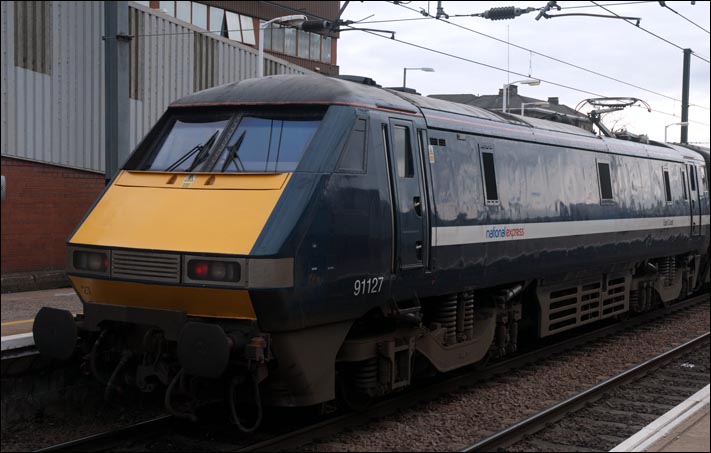National Express East Coast (NXEC) class 91127 in platform 2 on the 28th Febuary 2009 National Express East Coast (NXEC) class 91127 in platform 2 on the 28th Febuary 2009