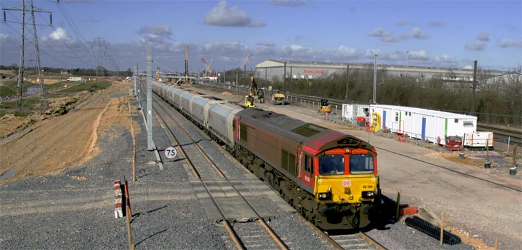 DB class 66085 on the new up Leicester to Peterborough line at Werrington  on the 2nd of March 2020.