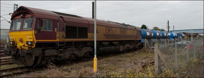 Class 66063 at Peterborough Depot on the 17th of October 2009