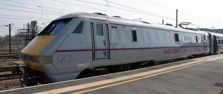 East Coast class 91107 SKYFALL 007 in platform 4 at Peterborough 