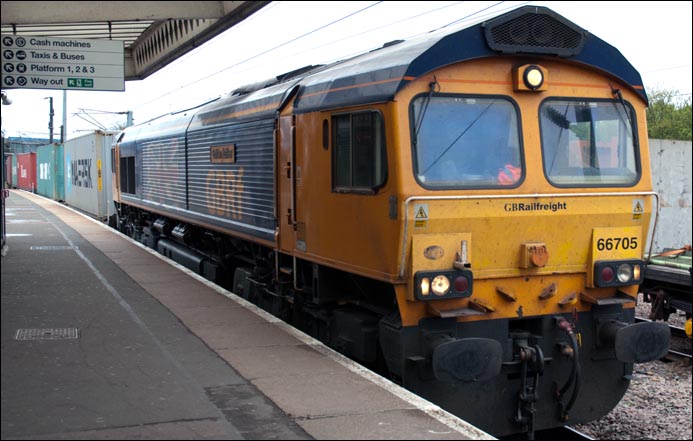 GBRf class 66705 Golden Jubilee in platform 5 on the 14th of April 2011