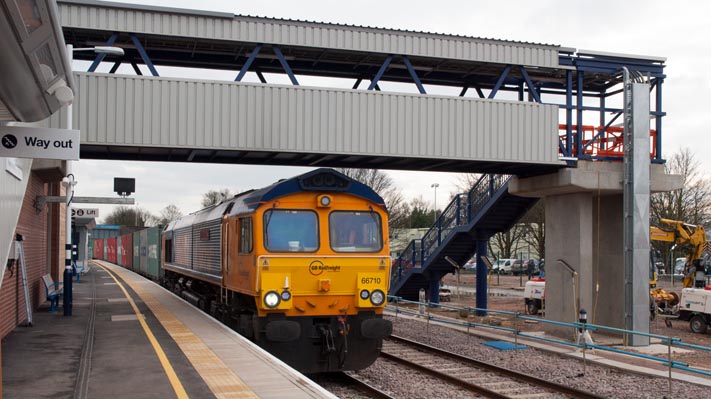 GBRf class 66710 with a freight in the new Platform 7 at Peterborough 