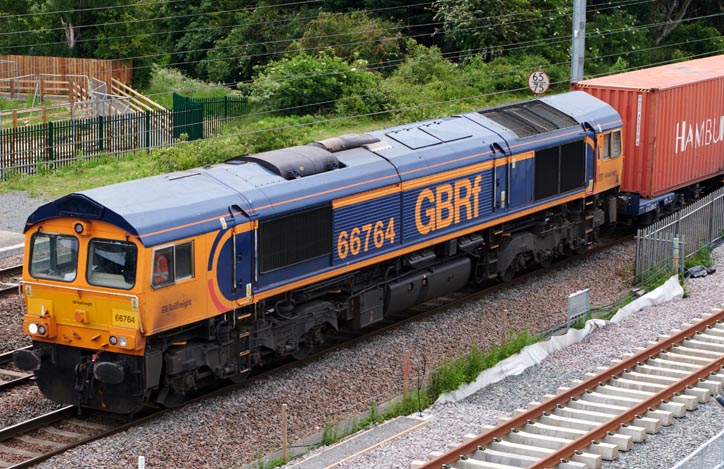 GBRf class 66764 at Werrington on the 4th June in 2021.
