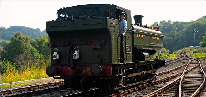 GWR 57XX 0-6-0PT  number 5764  is backing on to its train at Highley in 2008