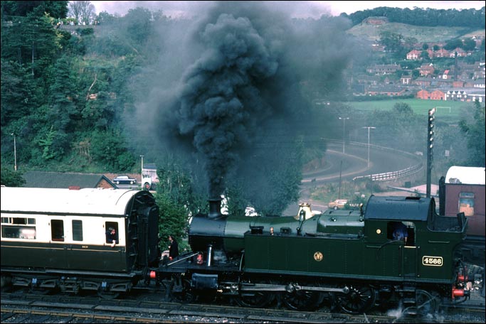 GWR 4500 class small Prairie 2-6-2T no.4566  leaves Bridgnorth 