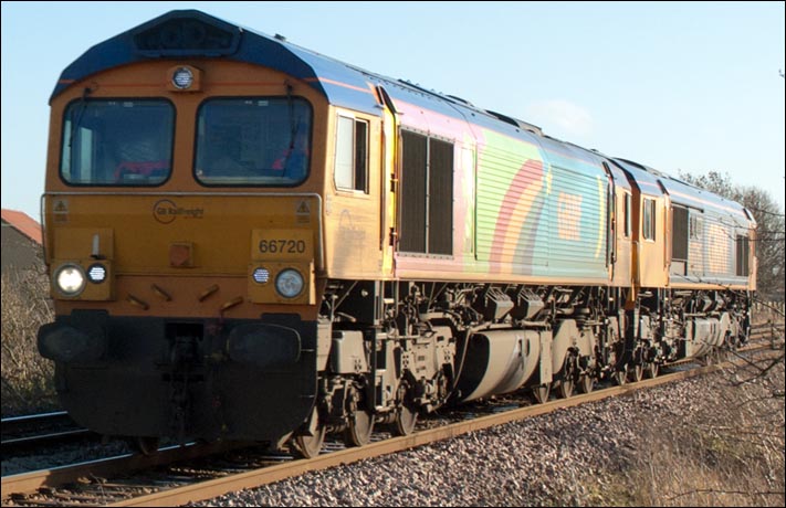 Two GBRf class 66s light engines from Whitemoor heading for Peterborough at Black bush level crossing  also on Monday 13th of January.