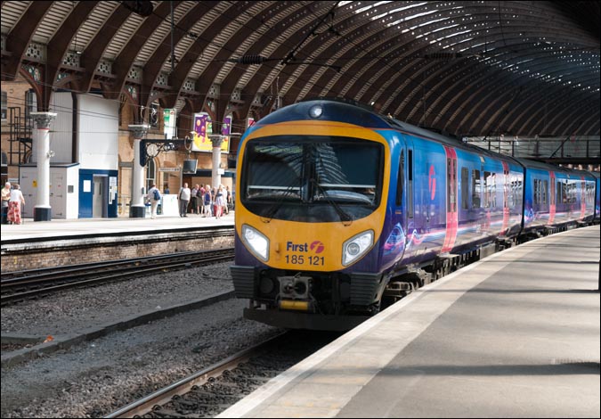 First TransPennine Class 185 121 in York station First TransPennine Class 185 121 in York station