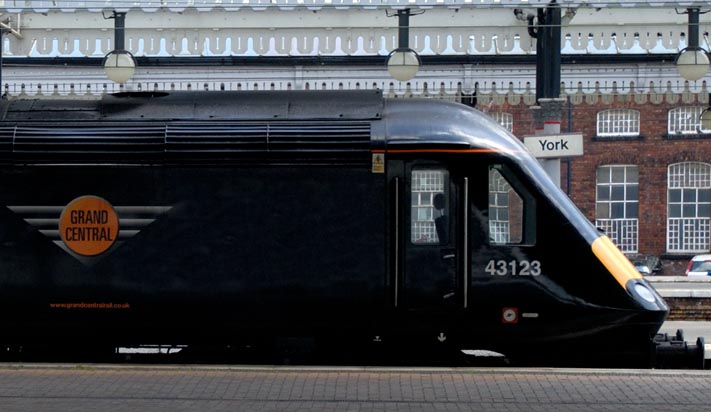 Grand Central HST 43123 at the other end of the train above in York station in May 2008
